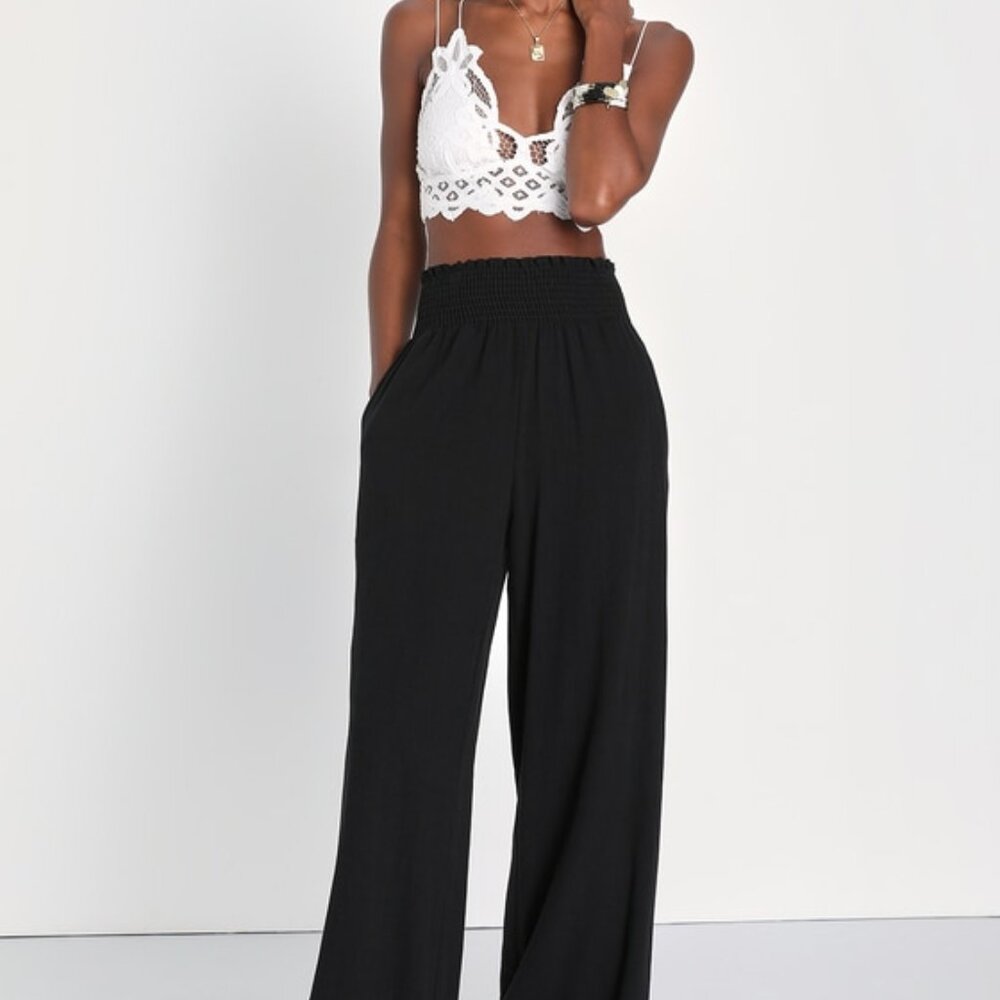 Lulus Hit The Breeze Black Smocked Wide-leg Pants - Size XS